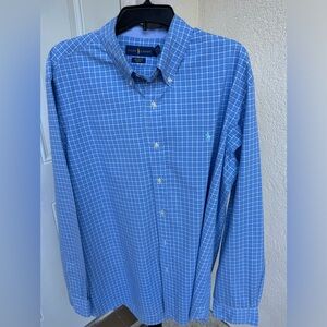 RALPH LAUREN. Blue/Grey Checkered, Long Sleeve, Button Down Shirt. Size …